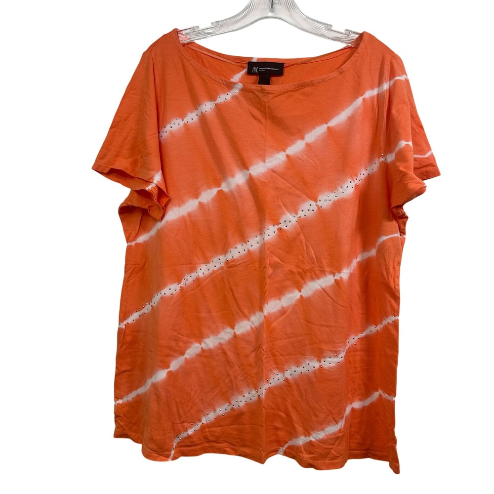 INC International Concepts Orange Tie Dye Studded Short Sleeve Top 0X